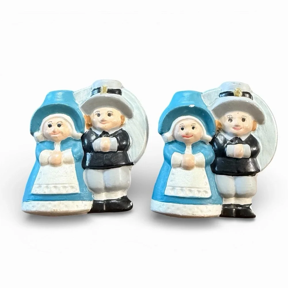 Vintage Ceramic Napkin Rings with Pilgrim‎ Figures - Lot of (2) Thanksgiving